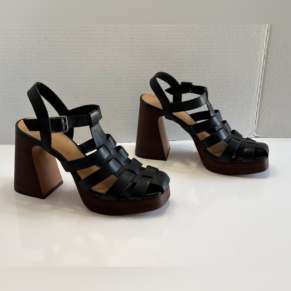 Crown Vintage Farlie Womens Size 9M Black Leather Ankle Strap Block Heel Sandals - Picture 15 of 16
